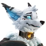 anthro black_nose blue_eyes blue_sclera collar fur open_mouth smile teeth tongue white_body white_fur shalinka canid canine fox mammal 1:1 2021 digital_media_(artwork)