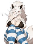 3:4 anthro aya_ryona big_breasts breasts canid canine canis chest_tuft clothed clothing female fur glistening glistening_breasts hi_res huge_breasts legwear looking_at_viewer mammal simple_background smile solo stockings tail thigh_highs tuft white_body white_fur wolf