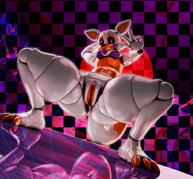 3_toes andromorph anthro bent_back bow_tie checkered checkered_background clitoris crouching dutch_angle eyebrows featureless_chest feet genitals gesture glistening glistening_body hand_behind_head hand_gesture intersex lips looking_at_viewer machine mountain orange_body orange_eyebrows orange_toes orange_vulva pattern_background purple_bow_tie purple_eyelids purple_lips reflective_floor sharp_teeth simple_background solo spread_legs spreading sun synthwave tail teeth toes v_sign vulva white_body zelyonka octal_(modeler) five_nights_at_freddy's five_nights_at_freddy's_world scottgames lolbit_(fnaf) animatronic canid canine fox mammal robot robot_anthro 2026 3d_(artwork) absurd_res digital_media_(artwork) full-length_portrait hi_res portrait watermark female_(lore)