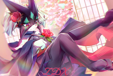 ambiguous_gender anthro asian_clothing blush blush_lines clothing east_asian_clothing flower fur green_body green_fur jagged_mouth japanese_clothing kimono mask pawpads paws pink_nose plant rose_(flower) solo zdx nintendo pokemon generation_9_pokemon meowscarada pokemon_(species) 2026 absurd_res hi_res