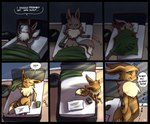 anthro bed bedding black_nose blanket broken_glasses brown_body brown_fur clock dialogue dim_lighting eyewear fur furniture glasses green_eyes male morning paws pillow solo speech_bubble sunrays text white_body white_fur spacesmilodon nintendo nintendo_3ds nintendo_ds_family pokemon eevee generation_1_pokemon pokemon_(species) 2014 absurd_res comic english_text hi_res