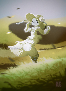 anthro clothed clothing detailed_background dress female flower flower_accessory grass grass_field hat headgear headwear long_dress plant ribbons shadow solo white_body white_clothing wind fu_go_fu_go lagomorph leporid mammal rabbit hi_res