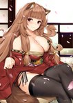 asian_clothing blush breasts brown_hair clothed clothing detailed_background east_asian_clothing female hair legwear long_hair looking_at_viewer off_shoulder petals sitting smile solo stockings tony_guisado the_rising_of_the_shield_hero raphtalia animal_humanoid canid canid_humanoid humanoid mammal mammal_humanoid 2019