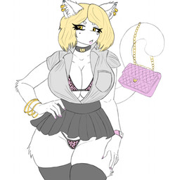 alternative_fashion animal_print anthro bangle biped blonde_hair bottomwear bra breasts cleavage clock clothed clothing collar collared_shirt colored_nails curvy_figure dress_shirt ear_piercing ear_ring ear_stud eyelashes female front_view fur gyaru hair hand_on_hip j-fashion jewelry legwear leopard_print leopard_print_bra leopard_print_thong lips looking_at_viewer microskirt miniskirt mole_under_eye nails open_clothing open_shirt open_topwear piercing pink_bra pink_clothing pink_lips pink_nails pink_thong pink_underwear pleated_skirt prehensile_tail purse ring_piercing shirt simple_background skirt solo standing tail tail_hold thigh_highs thong topwear underwear watch white_background white_body white_fur wide_hips wristwatch yellow_eyes katriot domestic_cat felid feline felis mammal 1:1 2025 hi_res portrait three-quarter_portrait