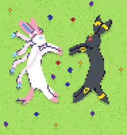 ambiguous_gender blue_eyes duo feral flower grey_body markings paws plant red_eyes ribbons_(anatomy) tail white_body bulks nintendo pokemon eeveelution generation_2_pokemon generation_6_pokemon pokemon_(species) sylveon umbreon digital_media_(artwork) low_res pixel_(artwork)