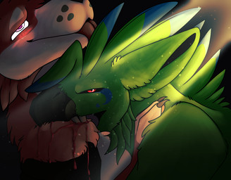 ambiguous_gender anthro beak bite blood blush bodily_fluids duo fangs feathers female female/female teeth tongue tongue_out 6-ft-demon avian canid canine canis domestic_dog mammal shiba_inu spitz hi_res