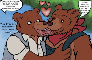 anthro bodily_fluids drooling duo french_kissing kissing licking_tongue male male/male saliva text young winserferret little_bear nelvana father_bear uncle_rusty_(little_bear) bear mammal english_text hi_res brother_(lore) brothers_(lore) incest_(lore) sibling_(lore)