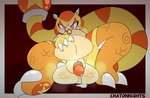 animal_genitalia anthro balls belly big_balls big_belly bodily_fluids border brown_background claw_toes claws dripping front_view genital_fluids genitals grey_border half-erect holding_belly huge_balls long_tail looking_at_viewer low-angle_view lying male male_anthro markings nude on_back open_mouth open_smile orange_stripes orb penile_spines penis penis_tip precum precum_drip precum_pool presenting presenting_penis pupils purple_eyes sheath simple_background slit_pupils smile snaggle_tooth steam steamy_balls striped_markings striped_tail stripes tail tail_markings tail_orb white_claws chaokocartoons mythology dragon felid hybrid mammal mythological_creature mythological_scalie pantherine scalie tiger 2023 absurd_res hi_res