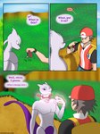3:4 anthro bell clothed clothing comic dialogue digital_media_(artwork) duo dustin_c english_text felid feline generation_1_pokemon hair hi_res human legendary_pokemon male male/male mammal mewtwo nintendo pokemon pokemon_(species) red_(pokemon) simple_background soothe_bell speech_bubble text