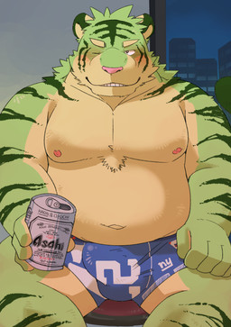 alcohol anthro beer beverage blush bulge can clothed clothing container detailed_bulge drunk fur genital_outline green_body green_fur humanoid_hands kemono male moobs navel nipples overweight overweight_anthro overweight_male penis_outline sitting solo substance_intoxication topless underwear green_bell felid mammal pantherine tiger 2021 absurd_res hi_res