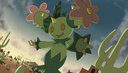 ambiguous_gender bandana_on_head cactus church desert dutch_angle eating green_body holding_cactus holding_plant kerchief macro outside plant reaching_for_object solo standing tumbleweed water_tower western wild_west yellow_eyes anime123654 nintendo pokemon fan_character macaras_(boolerex) generation_5_pokemon maractus pokemon_(species) 2025 digital_drawing_(artwork) digital_media_(artwork) english_description hi_res