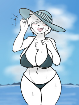 anthro big_breasts bikini blush blush_lines breasts chest_tuft clothing emanata eyelashes female fur hair hat headgear headwear huge_breasts long_eyelashes mature_anthro mature_female solo sun_hat swimwear tear_trough thick_thighs tuft two-piece_swimsuit wearing_hat white_body white_fur white_hair wide_hips wbnsfwfactory ana_(wbnsfwfactory) bear mammal polar_bear ursine 2023 3:4 hi_res