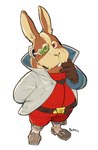 anthro belt brown_body brown_fur buckteeth clothing fur gloves handwear inner_ear_fluff jacket looking_at_viewer male red_clothing red_eyes scouter solo tan_body tan_fur teeth topwear tuft powree nintendo star_fox peppy_hare lagomorph leporid mammal rabbit 2022 hi_res