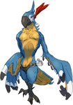 anthro avian_feet beak belt blue_body claws clothed clothing feathers male muscular partially_clothed pecs red_feather_hair simple_background solo white_background scuotivento breath_of_the_wild nintendo the_legend_of_zelda kass_(tloz) avian bird rito digital_media_(artwork) hi_res