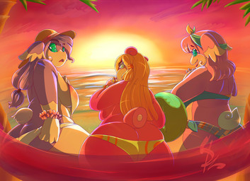 anthro big_breasts big_butt bikini blonde_hair blue_eyes bracelet breasts butt clothed clothing drinking eyewear female flower green_eyes group hair hat headgear headwear huge_butt jewelry pink_body pink_hair plant pokemorph sunglasses sunset swimwear topless two-piece_swimsuit water damianvertigo nintendo pokemon melrose audino generation_1_pokemon generation_5_pokemon pokemon_(species) slowbro hi_res