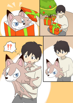 black_ear_tips black_hair black_nose blue_eyes christmas_present christmas_tree clothed clothing countershade_face countershading dipstick_ears duo ear_markings fully_clothed gift glistening glistening_head goo_transformation hair holidays human_to_anthro inside interrobang male mask_transformation multicolored_ears open_mouth pink_inner_ear plant pupils sitting sitting_on_ground smile species_transformation speech_bubble standing surprise tan_body transformation tree white_body white_countershading white_pupils root_doggie christmas nintendo pokemon animate_inanimate generation_7_pokemon human living_clothing lycanroc mammal pokemon_(species) 2024 absurd_res colored comic hi_res japanese_description right_to_left