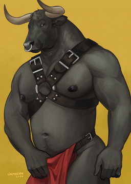 anthro areola biped black_body black_eyes black_fur bottomwear clothed clothing facial_piercing fur harness horn loincloth looking_at_viewer male male_anthro musclegut muscular muscular_anthro muscular_male navel nipples nose_piercing nose_ring piercing ring_piercing septum_piercing septum_ring simple_background solo topless topless_anthro topless_male vein veiny_muscles yellow_background jamzenn bovid bovine cattle mammal 2026 hi_res