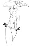 anthro breasts clothed clothing clothing_pull featureless_breasts female fingers hair hooved_fingers hooves horn long_ears looking_at_viewer navel partially_clothed simple_background smile solo standing topless topless_anthro topless_female underwear underwear_only underwear_pull white_background ventox mammal unknown_species hi_res monochrome