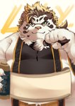 anthro belly brush cute_fangs eyewear fangs glasses humanoid_hands kemono male overweight overweight_male paintbrush solo teeth white_body l4zily lifewonders tokyo_afterschool_summoners licho_(tas) felid mammal pantherine tiger 2021 absurd_res hi_res