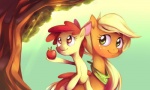 amber_eyes apple blonde_hair daww duo female feral food fruit fur green_eyes hair orange_body orange_fur outside plant red_hair scarf sky smile tail tree wood yellow_body yellow_fur young young_feral karzahnii friendship_is_magic hasbro my_little_pony apple_bloom_(mlp) applejack_(mlp) earth_pony equid equine horse mammal pony 5:3 hi_res sibling_(lore)