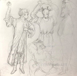 anthro attack boots clothed clothed_anthro clothed_male clothing ears_up footwear fur group holding_object holding_rock horn kneeling kneeling_on_ground looking_at_another male male/male robe rock shirt shoes stoning topwear violence wool_(fur) reynard_goodfellow reynard_the_baa bovid canid canine canis caprine deer mammal sheep wolf monochrome sketch