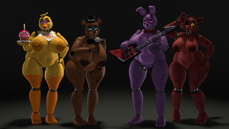 3_toes 5_fingers anthro areola beak belly bib big_areola big_belly big_breasts big_nipples blue_eyes bow_tie breasts brown_areola brown_body brown_nipples clothing crossgender cupcake electric_guitar electronics feet female fingers food genitals glowing glowing_eyes group guitar hand_on_hip hat headgear headwear holding_guitar holding_microphone holding_musical_instrument holding_object huge_areola huge_breasts huge_nipples leaning leaning_forward looking_at_viewer machine microphone mtf_crossgender musical_instrument nipples nude nude_anthro nude_female one_eye_closed orange_areola orange_nipples pink_eyes plate plucked_string_instrument pose purple_body purple_eyes red_areola red_body red_nipples simple_background smile smiling_at_viewer string_instrument thick_thighs toes top_hat vulva wink winking_at_viewer yellow_body yellow_eyes thevestige octal_(modeler) five_nights_at_freddy's scottgames bonnie_(fnaf) chica_(fnaf) cupcake_(fnaf) foxy_(fnaf) freddy_(fnaf) animatronic avian bear bird canid canine chicken fox galliform gallus_(genus) lagomorph leporid mammal phasianid rabbit robot robot_anthro 16:9 2025 3d_(artwork) digital_media_(artwork) hi_res source_filmmaker_(artwork) widescreen