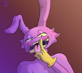 anthro bodily_fluids cheek_tuft clothing facial_tuft fellatio_gesture fluffy gesture gloves gloves_only gradient_background handwear handwear_only male mostly_nude pink_tongue purple_body saliva saliva_on_tongue saliva_string seductive simple_background solo suggestive suggestive_gesture teeth tongue tongue_between_fingers tongue_out tuft yellow_eyes krusemeister030 glitch_productions the_amazing_digital_circus jax_(tadc) lagomorph leporid mammal rabbit hi_res shaded signature