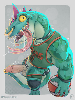 accessory anthro ball basketball_(ball) bodily_fluids bottomwear bottomwear_down clothed clothing cock_ring collar erection facial_piercing genital_piercing genitals green_body green_scales jewelry male nose_piercing nose_ring partially_clothed penis penis_accessory penis_jewelry penis_piercing piercing prince_albert_piercing ring_piercing roarball_(ball) saliva saliva_on_tongue saliva_string scales shorts shorts_down solo tongue tongue_out tongue_piercing vein veiny_penis capitankoki goat_(movie) sony_corporation sony_pictures modo_olachenko komodo_dragon lizard monitor_lizard reptile scalie 3:4 hi_res