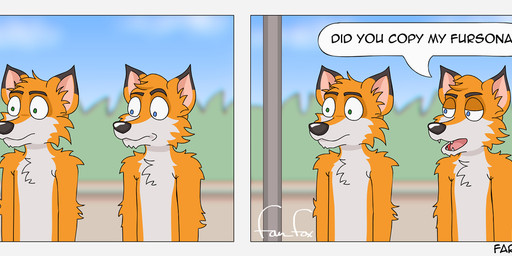 anthro blue_eyes detailed_background dialogue duo expressionless green_eyes humor joke male outside pole sky speech_bubble standing text mrfarrow canid canine fox mammal comic english_text