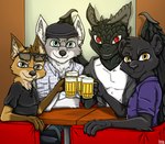 alcohol anthro bar beer beret beverage black_body black_fur blue_eyes brown_body brown_fur clothing eyewear fur green_eyes grey_body grey_fur group hat headgear headwear male melanistic red_eyes scales sunglasses wings yellow_eyes ziegelzeig bad_guy_cafe mythology ardent_(jrh01409) mick_fries shevron canid canine canis dragon felid fox mammal mythological_creature mythological_scalie pantherine scalie wolf 2022