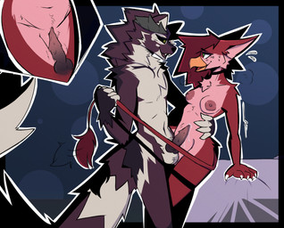 anthro balls beak blush bodily_fluids breasts breath claws close-up dripping duo erection feathers female fur furniture genital_fluids genitals grinding hair humanoid_genitalia humanoid_penis leaking_precum male male/female navel nipples nude open_mouth panting penis pinned_to_bed precum precum_drip purple_body purple_fur pushed_down red_body red_feathers sex sharp_teeth simple_background slim small_breasts smile squish sweat tail tail_pull teeth throbbing tongue vulva zephyrnights mythology cinnamon_(zephyrnights) avian bird canid canine gryphon mammal mythological_avian mythological_creature absurd_res digital_media_(artwork) hi_res