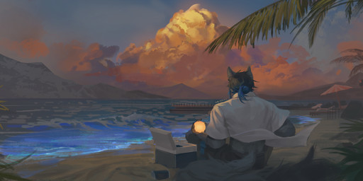 ambiguous_gender anthro beach black_bottomwear black_clothing black_pants bottomwear clothed clothing cloud fur grey_body grey_fur grey_tail obscured_face outside palm_tree pants plant rear_view sand sitting solo tail topwear tree white_clothing white_topwear awaldkize ambiguous_species absurd_res hi_res