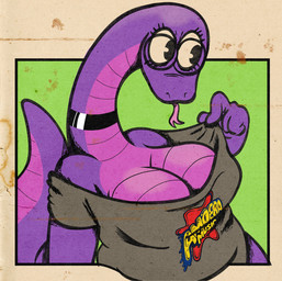 anthro belly big_breasts black_choker black_jewelry black_necklace breasts choker cleavage clothed clothing clothing_pull countershading eyelashes eyewear female fingers forked_tongue glasses grey_clothing grey_shirt grey_topwear jewelry long_neck looking_aside necklace non-mammal_breasts pink_tongue purple_body purple_countershading purple_tail round_glasses shirt shirt_pull solo tail tongue tongue_out topwear topwear_pull wearing_glasses squeezysquisher amoeba_music gia_(squeezysquisher) reptile scalie snake 2025 digital_drawing_(artwork) digital_media_(artwork) half-length_portrait hi_res portrait