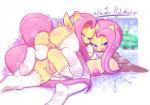 0r0ch1 2014 abstract_background angel_(mlp) anthro anthrofied anus bedroom_eyes big_breasts blue_eyes breast_rest breasts butt clothing cutie_mark dock_(anatomy) english_text equid equine feathered_wings feathers female female/female female_on_bottom female_on_top feral fluttershy_(mlp) friendship_is_magic fur genitals group hair half-closed_eyes hasbro hi_res inverted_nipples lagomorph legwear leporid long_hair looking_at_viewer looking_back lying mammal mostly_nude my_little_pony mythological_creature mythological_equine mythology narrowed_eyes nipples on_bottom on_front on_top pegasus pink_hair presenting presenting_hindquarters pussy rabbit raised_tail seductive selfcest simple_background square_crossover stockings tail text thigh_highs tongue tongue_out white_body white_fur wings yellow_body yellow_feathers yellow_fur