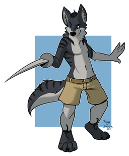 anthro bottomwear clothing fighting_pose male melee_weapon pose shorts solo standing sword weapon mitti fangzwusky 2010