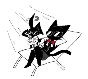 anthro beverage biped black_body black_fur black_tail bottomwear bow_tie breasts cleavage clothed clothing duo eyewear female fingers fur male mouthless simple_background sunbathing sunglasses tail topwear sabgong vincent_(sabgong) vingo_(sabgong) domestic_cat felid feline felis mammal