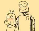 anthro blush bunny_ears_(gesture) duo floppy_ears gesture machine male male/male smile zaryukart robot_dreams dog_(robot_dreams) robot_(robot_dreams) canid canine canis domestic_dog mammal robot