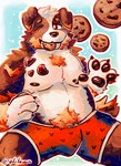 anthro belly bite boxers_(clothing) clothing cookie eating food grin hand_on_hip looking_at_viewer male one_eye_closed overweight overweight_anthro overweight_male pawpads paws smile solo stickers_on_body tail underwear wink olifawn reo canid canine canis domestic_dog mammal hi_res