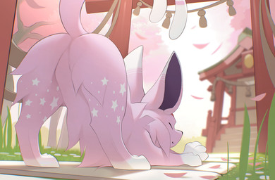 4_toes ambiguous_gender ass_up butt cherry_blossom cherry_blossom_tree cherry_tree digitigrade eyes_closed featureless_crotch feet feral flower forehead_gem forked_tail fruit_tree fur gem grass happy leaning leaning_forward markings multicolored_body multicolored_fur paws pink_body pink_fur plant presenting presenting_hindquarters prunus_(flower) purple_body purple_fur quadruped raised_tail rear_view shimenawa shrine solo star_(marking) stretching stripes tail toes torii tree unusual_anatomy unusual_tail white_body white_fur zoledream nintendo pokemon momo_(espeon) eeveelution espeon generation_2_pokemon pokemon_(species) absurd_res hi_res male_(lore)