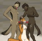 abstract_background ahegao animal_genitalia anthro ball_fondling ball_tuft balls black_hair bodily_fluids breasts brown_hair claws clitoris countershade_arms countershade_face countershade_fur countershade_legs countershade_neck countershade_tail countershade_torso countershading cum cum_drip cum_on_body cum_on_leg detached_sheath dipstick_tail dripping eyebrow_piercing facial_piercing female fondling fur genital_fluids genitals giggle giggling gloves_(marking) green_eyes group group_sex hair hand_on_butt hand_on_chest hand_on_head hand_on_own_butt hand_on_own_chest handjob kneeling kneeling_oral_position kneeling_sex knot laugh licking long_hair looking_pleasured male male/female markings moan mohawk motion_lines multicolored_body muscular muscular_male navel nipples ooh oral orange_eyes orgasm orgasm_face penile penis penis_lick piercing prank pubes pussy sex shaking shaking_orgasm sheath short_hair tail tail_markings teeth teeth_showing tongue tongue_out trio tuft uneven_balls vocalization whiskers yellow_eyes nonameqwerasd devin_(nonameqwerasd) canid canine canis eurasian_wolf fox mammal red_fox true_fox wolf colored_line_art digital_media_(artwork) graphite_(artwork) hi_res mixed_media signature smaller_version_at_source traditional_media_(artwork)