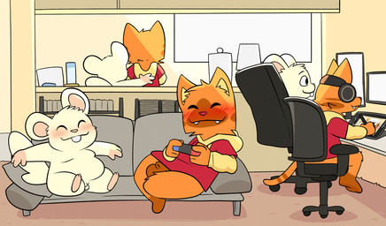 animal_genitalia anthro balls blush casual_exposure casual_nudity detailed_background electronics eyes_closed fur furniture genitals group headphones living_room male orange_body orange_fur penis red_eyes sheath sitting small_penis sofa crushpepper oxynard pepper_(crushpepper) cricetid felid feline hamster mammal rodent absurd_res hi_res