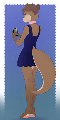 anthro blue_clothing blue_dress blue_eyes brown_body brown_ears brown_fur brown_hair brown_tail cellphone claws clothed clothing collar crossdressing dress electronics eyebrows eyelashes femboy fur hair holding_cellphone holding_object holding_phone holding_smartphone male pawpads phone pink_collar simple_background smartphone solo tail tan_face text asusya sanny_(character) mammal mustelid otter absurd_res english_text hi_res signature