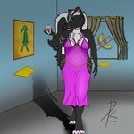 5_fingers anthro art_gallery banana bedroom_eyes big_breasts breasts chest_tuft claws clothing container crotch_lines cup curtains_open digitigrade dress drinking_glass duct_tape female fingers fluffy fluffy_tail food fruit fur glass glass_container glass_cup green_eyes hair holding_object markings multicolored_body multicolored_fur multicolored_hair narrowed_eyes nipple_outline pink_claws pink_clothing pink_dress pink_tongue plant seductive shadow simple_background solo striped_markings stripes tail tape teeth tongue tuft wide_hips wine_glass zk-drawing bold_and_brash comedian_(artwork) hollow_hip_backless_chain_dress meme_clothing nickelodeon spongebob_squarepants skyly_(zk-drawing) mammal mephitid skunk 1:1 hi_res meme