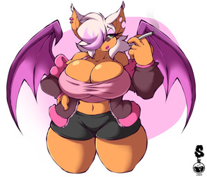 anthro bare_shoulders big_breasts biped black_bottomwear black_clothing black_shorts bottomwear breast_squish breasts brown_nose cigarette cleavage clothed clothed_anthro clothed_female clothing crop_top ear_piercing eyeshadow female female_anthro front_view green_eyes hair hair_over_eye halter_top hand_on_hip hand_on_own_hip highlights_(coloring) holding_cigarette holding_object hotpants huge_breasts jacket makeup membrane_(anatomy) membranous_wings midriff navel notched_ear one_eye_obstructed open_clothing open_jacket open_topwear piercing pink_hair pink_highlights purple_eyeshadow purple_wings shirt shorts simple_background smoke solo squish tan_body tan_skin thick_thighs topwear white_ears white_hair wings superix sega sonic_the_hedgehog_(series) rouge_the_bat bat mammal 2020 absurd_res dated digital_media_(artwork) hi_res portrait signature three-quarter_portrait