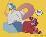 anthro ass_up big_breasts big_butt biped bottomwear breasts butt clothed clothing dialogue female fingerless_gloves footwear gloves hair handwear huge_breasts huge_butt huge_hips huge_thighs non-mammal_breasts pants purple_hair red_clothing red_topwear shoes simple_background smile solo text thick_thighs topwear white_bottomwear white_clothing wide_hips yellow_background katrosh fish marine shark absurd_res english_text hi_res