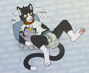 anthro black_body black_fur blort bodily_fluids clenched_teeth clothing collar dialogue diaper dipstick_tail encouragement eyewear feces fur genital_fluids glasses gloves_(marking) good_kitty grunting happy head_tuft leg_markings lying male markings notched_ear on_back open_mouth open_smile pillow plushie pooping pull-ups_(diaper) shirt smile socks_(marking) soiled_diaper soiling solo surprised t-shirt tail tail_markings teeth text topwear tuft unclean_diaper urine used_diaper wet_diaper wetting yellow_eyes tyggles_(artist) goodnites nintendo pokemon kit_(kittaclysm) alolan_form alolan_meowth domestic_cat felid feline felis generation_7_pokemon mammal pokemon_(species) regional_form_(pokemon) tuxedo_cat 2024 english_text hi_res