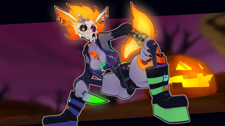 anthro belt black_boots black_bottomwear black_clothing black_eyeshadow black_footwear black_nails black_sclera black_shorts blurred_background bone boots bottomwear bulge butt butt_from_the_front clothing colored_nails dutch_angle ear_piercing eyeshadow fake_blood fangs fire flaming_hair flaming_tail food footwear fruit glowing glowing_eyes glowing_hair glowing_tail green_eyes grey_body gynomorph hair hand_on_knee hand_on_leg hand_on_own_knee hand_on_own_leg heterochromia holding_knife holding_object holidays intersex jack-o'-lantern knife long_sleeves looking_at_viewer low-angle_view makeup nails orange_hair outline piercing plant platform_boots platform_footwear pseudo_hair pumpkin purple_eyes sharp_teeth shoes short_hair shorts skull skull_head solo tail teeth white_outline cryptiacurves cryptiacurves_(modeler) halloween hallow_queen_(cryptiacurves) canid canine mammal skulldog_(species) 16:9 3d_(artwork) 4k absurd_res digital_media_(artwork) hi_res widescreen