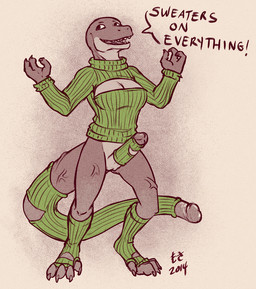 anthro breasts claws cleavage cleavage_cutout clothed clothing cutout erection genitals gradient herm humanoid_genitalia humanoid_penis intersex keyhole_turtleneck non-mammal_breasts penis sackless simple_background solo speech_bubble sweater tail tail_genitals tail_penis teeth topwear turtleneck unusual_anatomy unusual_genitalia_placement unusual_penis_placement unusual_tail vulva raveraptor_(artist) dinosaur prehistoric_species reptile scalie 2014