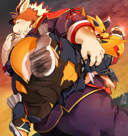 angry anthro antlers blush bodily_fluids brown_body brown_fur carrying_another clothing crying duo fur horn male overweight sunset tears torn_clothing janepoyo mythology tamacolle kazusa shimousa_(tamacolle) deer dragon mammal mythological_creature mythological_scalie scalie hi_res