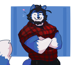 anthro beard big_tail biped black_beard black_bottomwear black_clothing black_eyebrows black_facial_hair black_hair black_nose black_pants blue_background blue_body blue_ears blue_fur blue_tail border bottomwear closed_smile clothed clothed_anthro clothed_male clothing countershade_arms countershade_face countershade_fur countershade_neck countershade_tail countershading crossed_arms dipstick_tail eyebrows facial_hair flirting fluffy fluffy_tail front_view fully_clothed fully_clothed_anthro fully_clothed_male fur gloves_(marking) green_eyes hair heart_symbol male markings mouth_closed multicolored_body multicolored_fur muscular muscular_anthro muscular_male mustache one_eye_closed outside_border pants pattern_clothing pattern_shirt pattern_topwear plaid plaid_clothing plaid_shirt plaid_topwear shirt simple_background smile solo standing tail tail_markings topwear two_tone_body two_tone_fur two_tone_tail white_body white_border white_facial_hair white_fur white_inner_ear white_mustache white_tail white_tail_tip wink malcriestuff socially_awkward garth_warrick canid canine canis mammal wolf 2023 digital_media_(artwork) half-length_portrait hi_res portrait